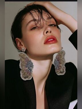 Deepa Gurnani Butterfly Wing Earrings. Artisanally  made, Grey and Gold,Pierced